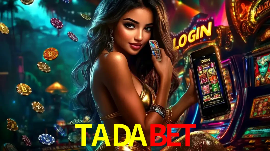 Mulher em um cenário de cassino temático de aventura, mostrando o app de caça-níqueis da TADABET no celular. Fichas de apostas flutuam ao redor.