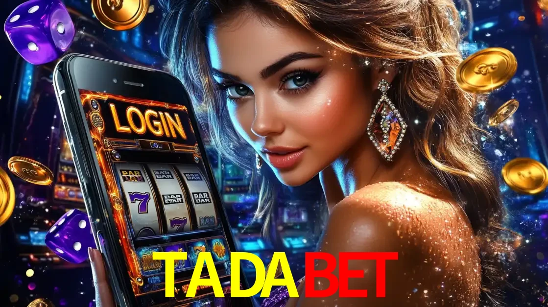 Mulher glamorosa segurando um smartphone com a tela de login para os jogos de caça-níqueis do cassino online TADABET, com moedas de ouro e dados ao redor.