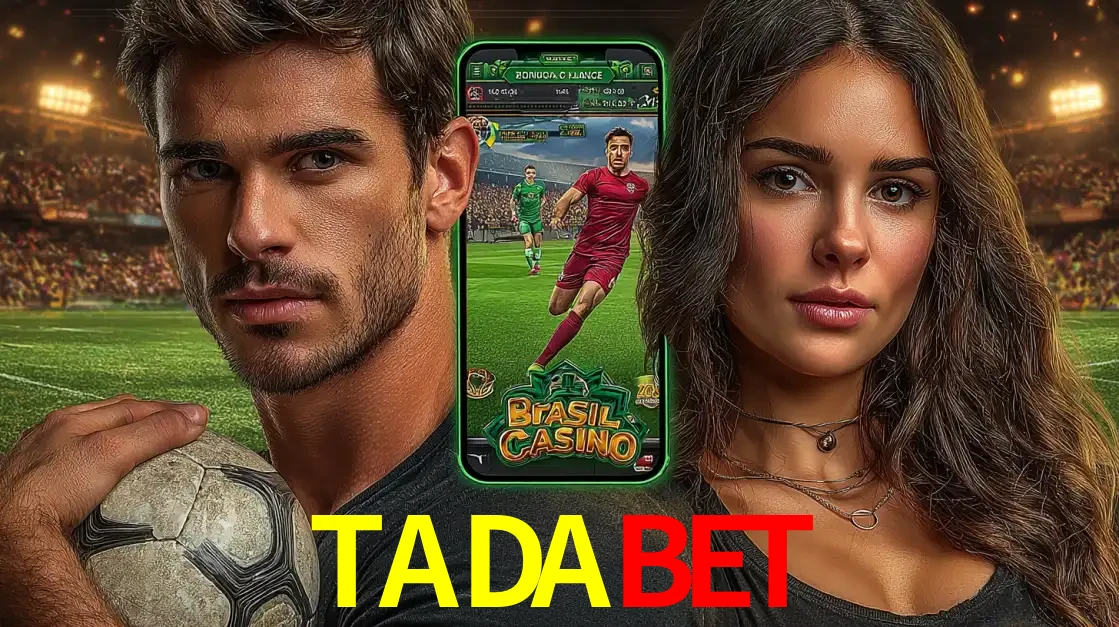 Homem segurando uma bola de futebol e uma mulher ao lado de um smartphone exibindo o jogo de apostas esportivas da TADABET. Faça seu palpite no cassino online.